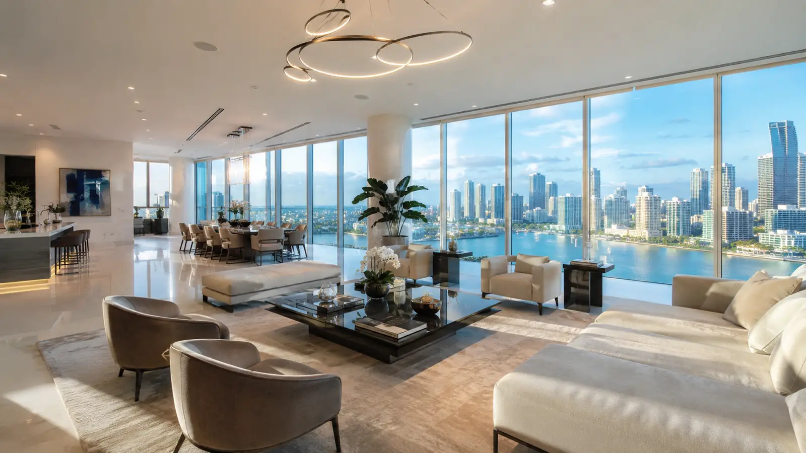 Luxury Miami penthouse living room with floor-to-ceiling glass walls overlooking Biscayne Bay and the city skyline — luxury condos for sale Miami