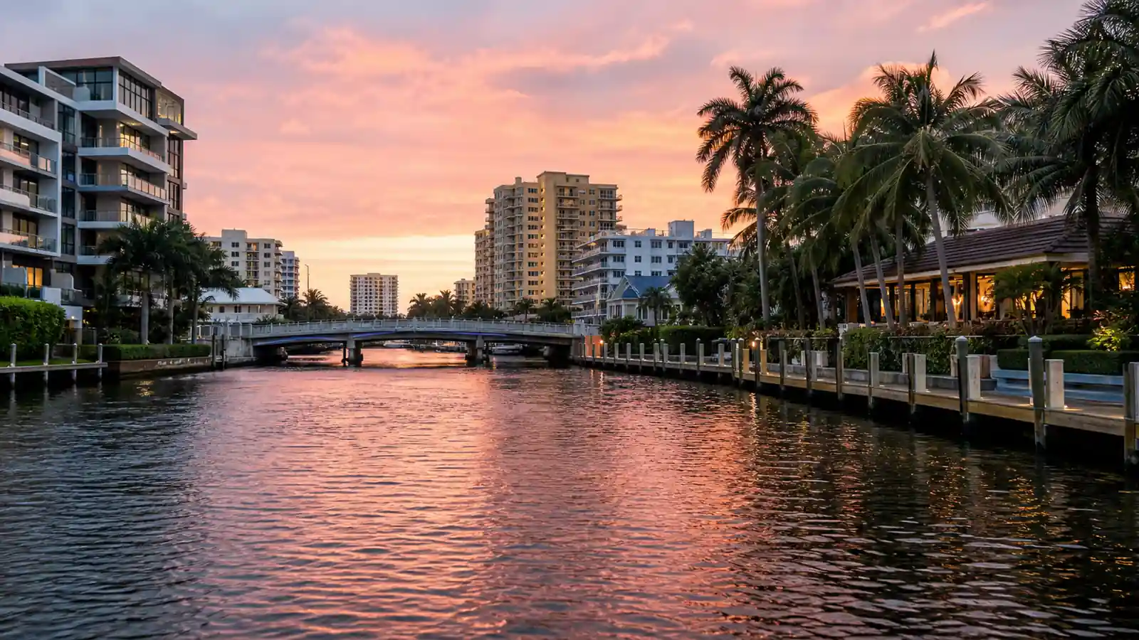South Florida waterfront canal at sunset with palm trees and luxury condo residences — waterfront homes for sale Miami