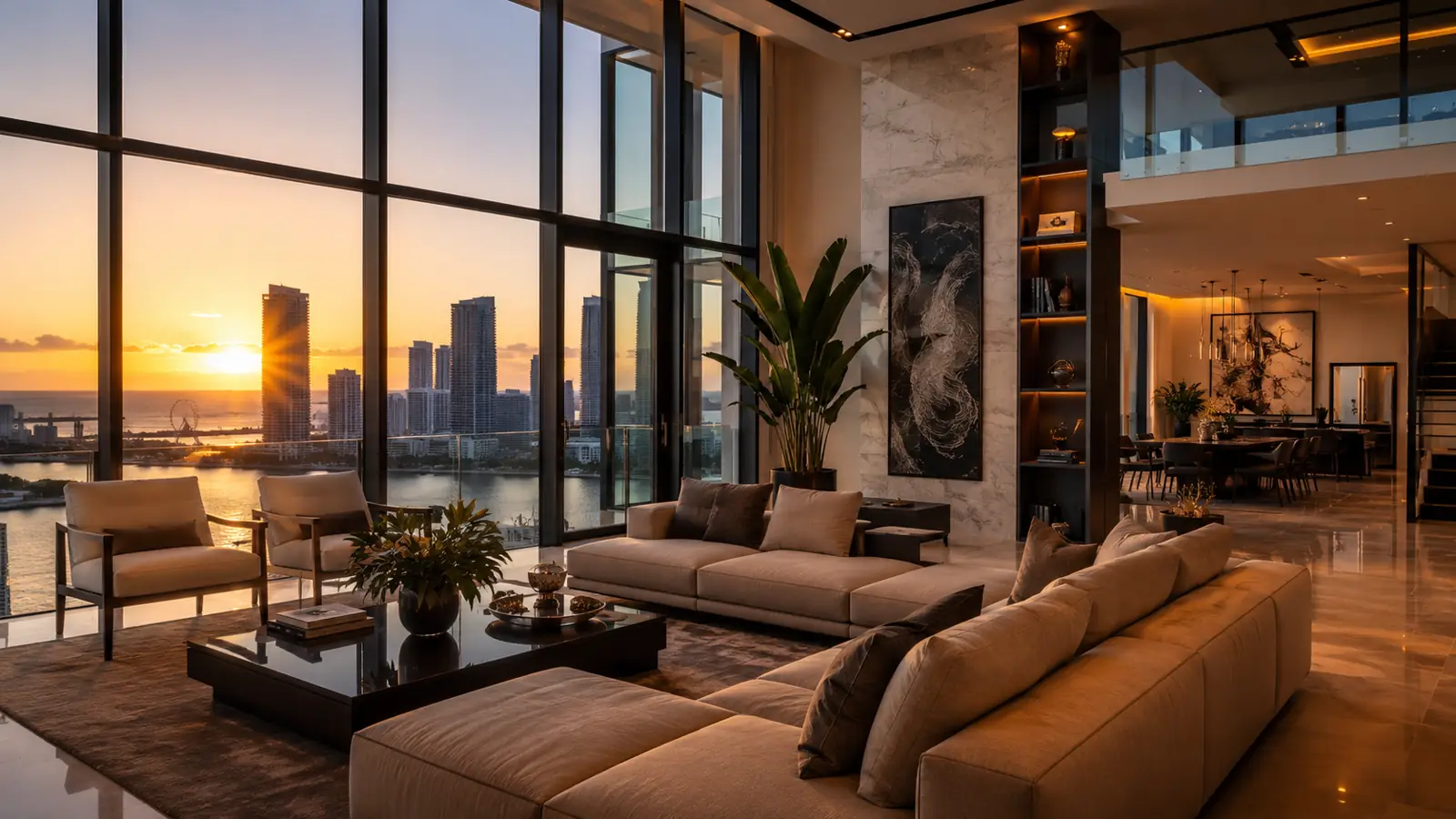 Miami penthouse interior at golden sunset with skyline views through double-height glass walls — high-end penthouses for sale Miami