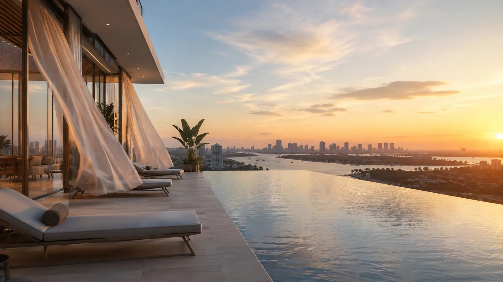 Waterfront luxury villa at sunset with a superyacht docked at its private pier — yacht-access homes for sale Miami