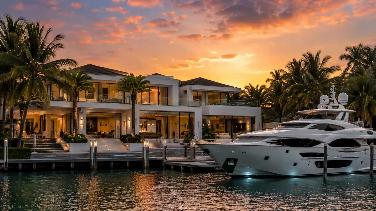 Modern glass villa at dusk with a lit infinity pool on the bay — luxury new-construction homes Miami