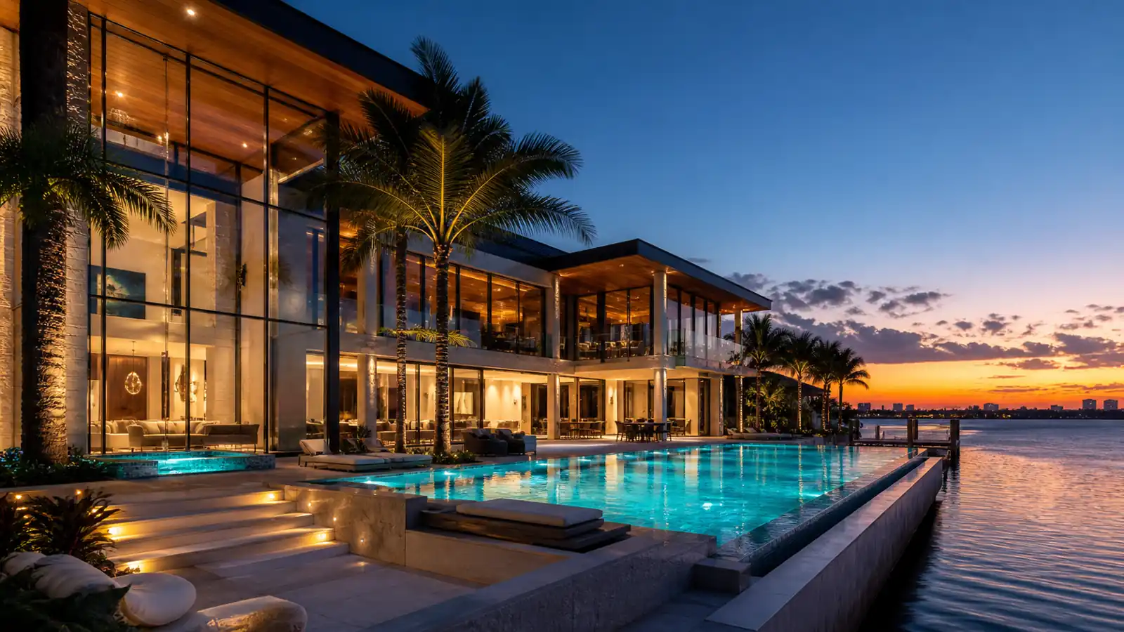 Twilight infinity-edge pool terrace of a contemporary waterfront mansion overlooking the bay — exclusive waterfront properties Miami